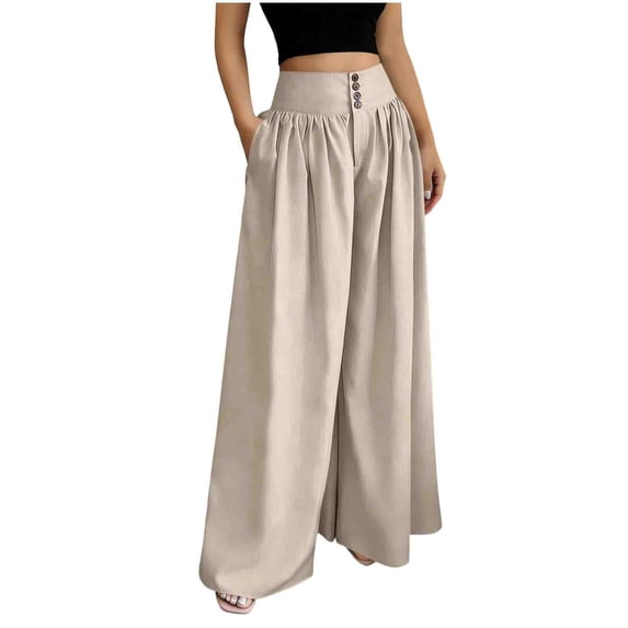 RQYYD High Waist Pants For Women Button Front Wide Leg Pant Pleated High Waist Casual Trousers With Side Pockets Flowy Floor Length For Summer