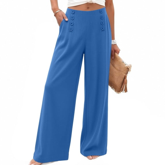 RQYYD High Waist Pants For Women Double Breasted Button Wide Leg Pant Flowy Casual Trousers With Pockets For Summer Beach