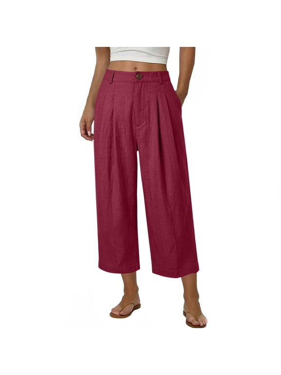 High Waist Pants For Women Linen Blend Culotte Pant Pleated Cropped Trousers With Button Closure For Casual Office Summer