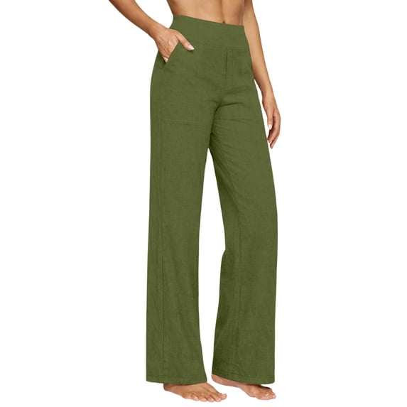 RQYYD High Waist Pants For Women Pull On Full Length Wide Leg Pant Linen Style Casual Trousers With Deep Side Pockets For Daily