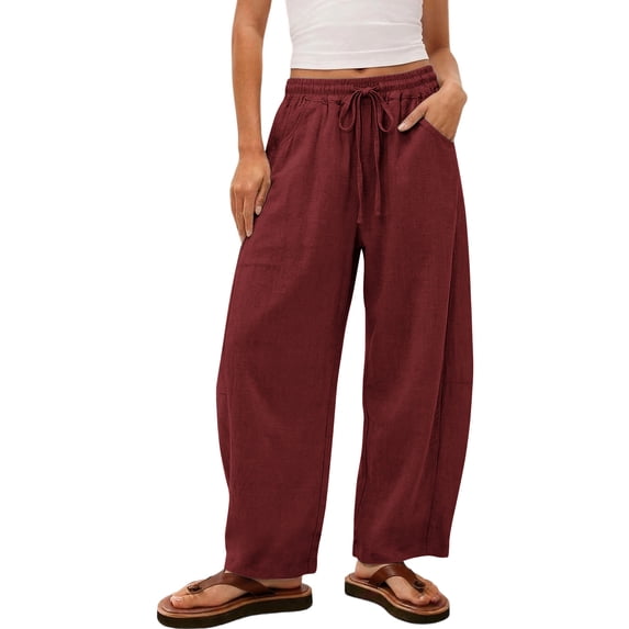 RQYYD High Waist Wide Leg Pants for Women Casual Loose Drawstring Beach Trousers Lightweight Summer Pant with Pockets