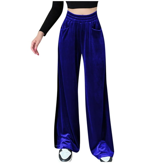 RQYYD High Waisted Velvet Pants for Women Elastic Waist Wide Leg Pants Loose Palazzo Pants Velour Sweatpants with Pockets Blue L