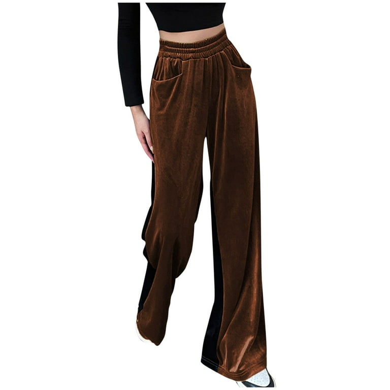 RQYYD High Waisted Velvet Pants for Women Elastic Waist Wide Leg Pants  Loose Palazzo Pants Velour Sweatpants with Pockets Brown 3XL 