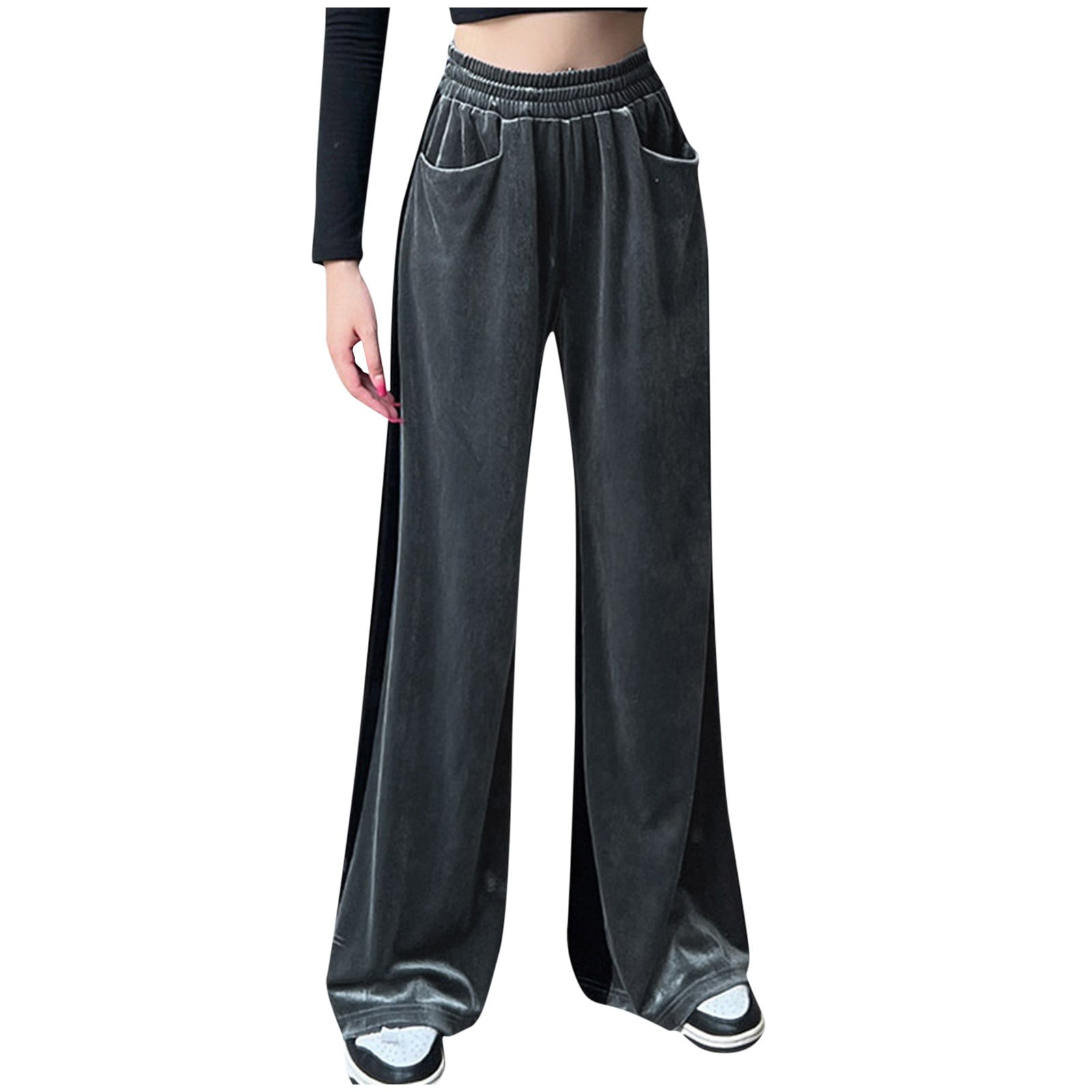 RQYYD High Waisted Velvet Pants for Women Elastic Waist Wide Leg Pants  Loose Palazzo Pants Velour Sweatpants with Pockets Gray M