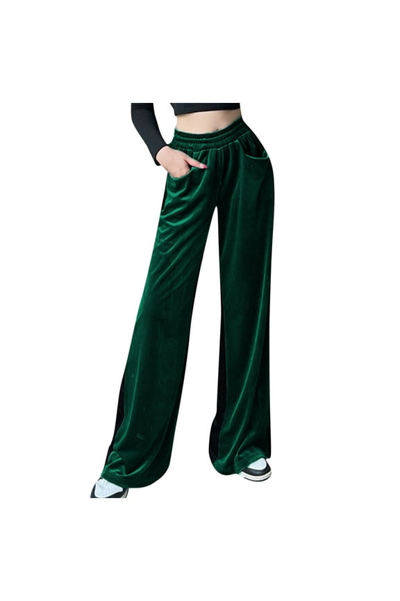High Waisted Velvet Pants for Women Elastic Waist Wide Leg Pants Loose Palazzo Pants Velour Sweatpants with Pockets Green L