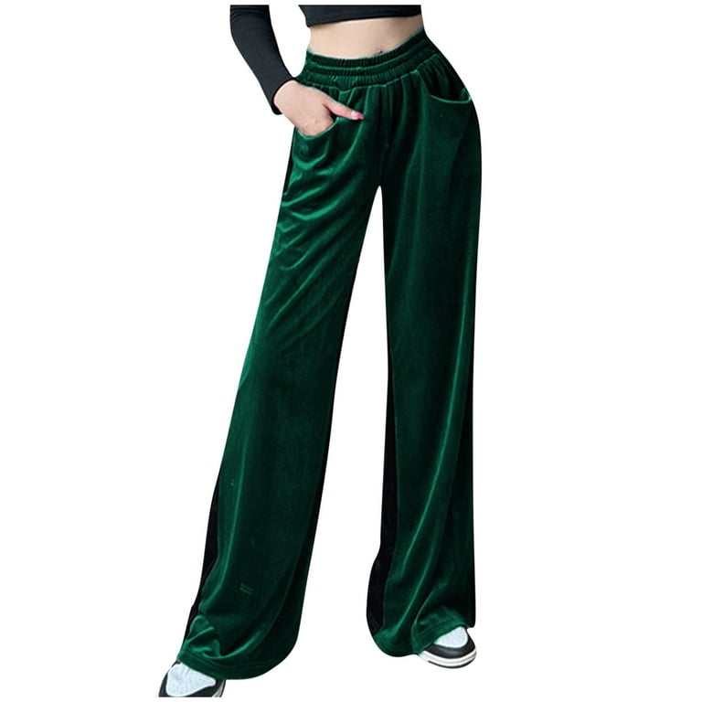 RQYYD High Waisted Velvet Pants for Women Elastic Waist Wide Leg Pants  Loose Palazzo Pants Velour Sweatpants with Pockets Green M