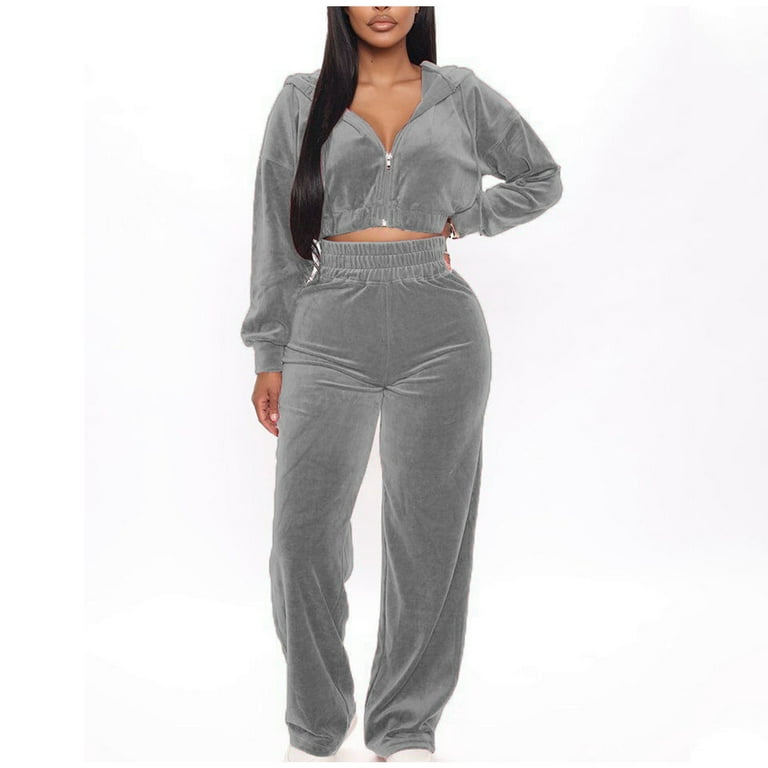 RQYYD Jogging Suits for Women 2 Piece Set Womens 2 Piece Velour Tracksuit  Two Piece Outfits for Women Long Sleeve Crop Tops Flared Pants Sets 