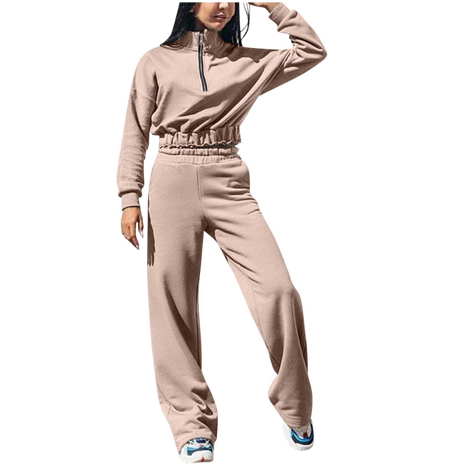 RQYYD Jogging Suits for Women 2 Piece Sweatsuit Outfits Long Sleeve Half  Zipper Lapel Crop Top Wide Leg Pants Solid Color Tracksuit Set Khaki XL