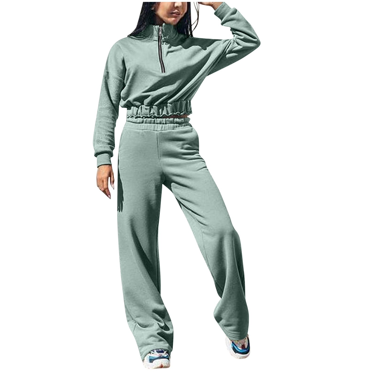RQYYD Jogging Suits for Women 2 Piece Sweatsuit Outfits Long Sleeve Half  Zipper Lapel Crop Top Wide Leg Pants Solid Color Tracksuit Set Green S 