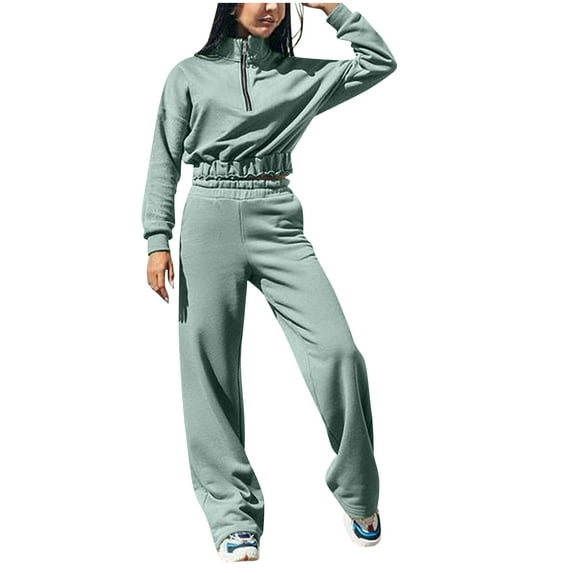 RQYYD Jogging Suits for Women 2 Piece Sweatsuit Outfits Long Sleeve Half Zipper Lapel Crop Top Wide Leg Pants Solid Color Tracksuit Set Mint Green S