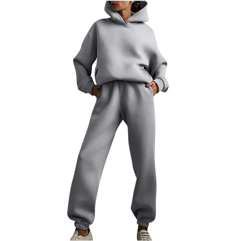 RQYYD Jogging Suits for Women - Solid Color Tracksuit Fall Winter Hoodie 2  Piece Jogging Suits with Pockets on Clearance (Gray,M)