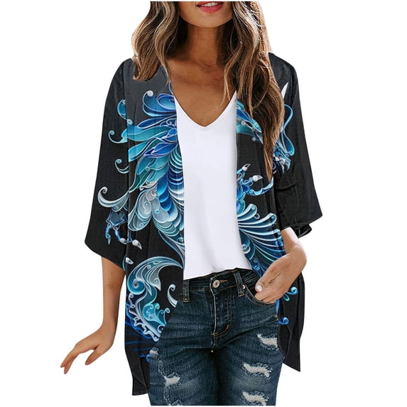 RQYYD Kimono Cardigan For Women 2024 Summer 3/4 Sleeve Open Front Chiffon Beach Coverups Hawaiian Lightweight Loose Tops
