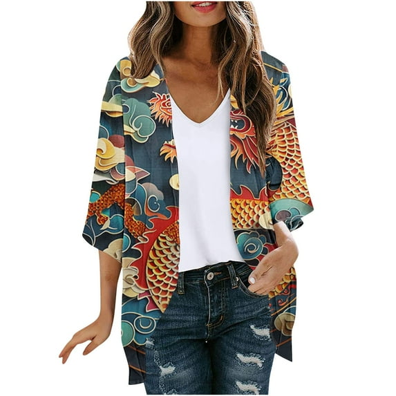 RQYYD Kimono Cardigan For Women 2024 Summer 3/4 Sleeve Open Front Chiffon Beach Coverups Hawaiian Lightweight Loose Tops