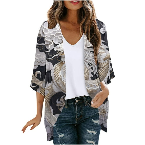 RQYYD Kimono Cardigan For Women 2024 Summer 3/4 Sleeve Open Front Chiffon Beach Coverups Hawaiian Lightweight Loose Tops