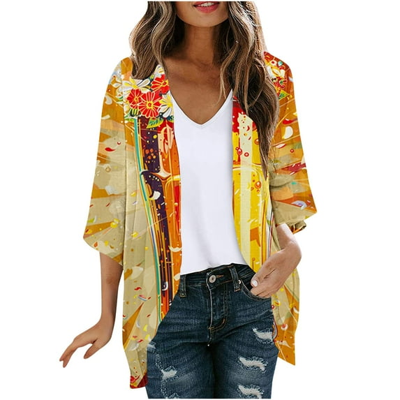 RQYYD Kimono Cardigan For Women 2024 Summer 3/4 Sleeve Open Front Chiffon Beach Coverups Hawaiian Lightweight Loose Tops