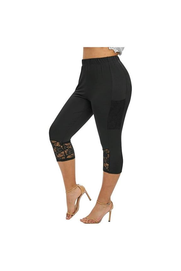 Lace Leggings for Women Plus Size High Waisted Stretch Capri Cropped Yoga Pants Knee-Length Soft Tights(Black,5XL)