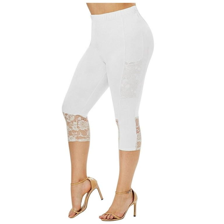 RQYYD Lace Leggings for Women Plus Size High Waisted Stretch Capri Cropped  Yoga Pants Knee-Length Soft Tights(White,5XL)