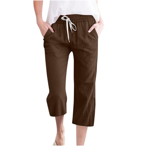 RQYYD Linen Capris for Women Summer Casual Loose Fit Cropped Pants Drawstring Elastic Waist Lounge Pant with Pockets