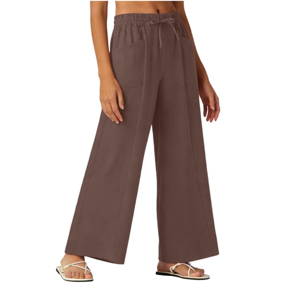 RQYYD Linen Pants Women Summer Lounge Beach Vacation Flowy Palazzo Trousers Boho Travel Pant Comfy Plus Size Spring Clothes