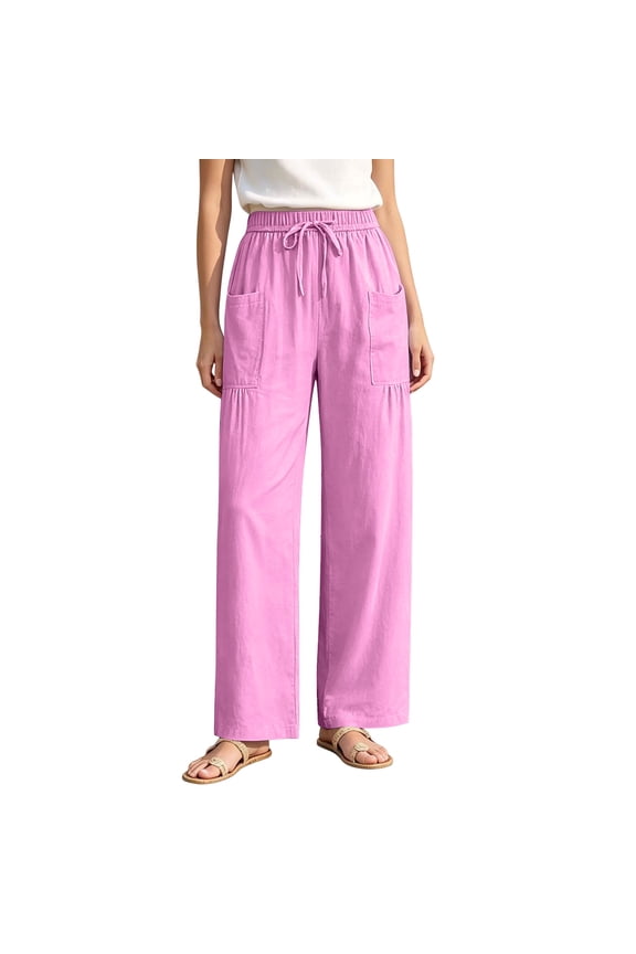 Linen Pants for Women Elastic Waist Drawstring Wide Leg Casual Summer Daily Pants with Patch Pockets