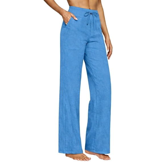 RQYYD Linen Pants for Women High Waist Drawstring Straight Leg Casual Summer Daily Pant with Patch Pockets