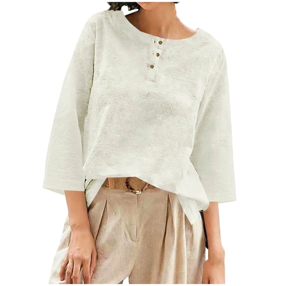 RQYYD Linen Tops for Women 3/4 Sleeve Crew Neck Cotton Shirts Casual Jacquard Boho Blouse