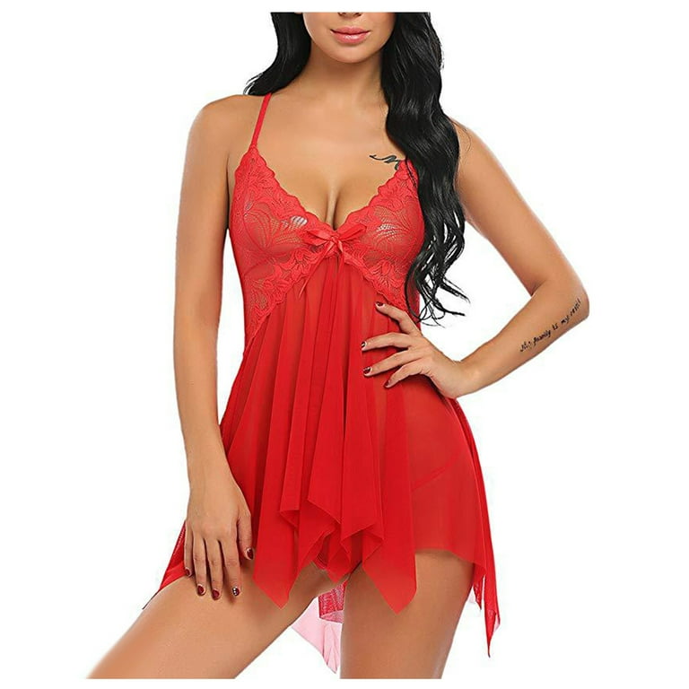 RQYYD Lingerie for Women Floral Lace Babydoll Sleepwear Boudoir Outfits V  Neck Mesh Sexy Chemise on Clearance (Red,L) 