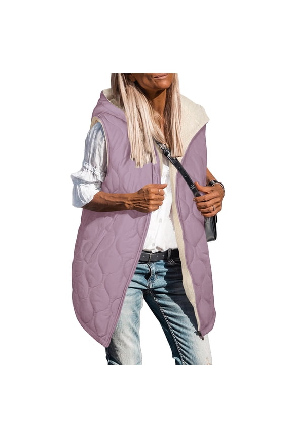 Long Puffer Vest Women Fleece Sherpa Jacket Sleeveless Hooded Reversible Zip Up Winter Coat Fall Vests Outerwear