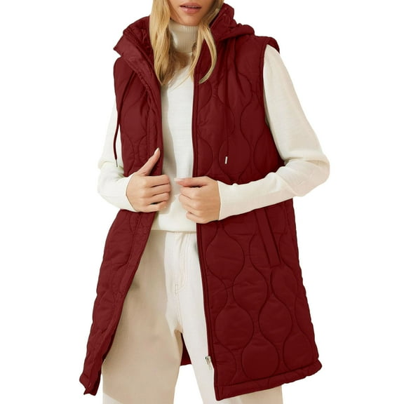 RQYYD Long Puffer Vest Women Sleeveless Hooded Puffer Jacket Lightweight Quilted Jackets Winter Warm Zip Up Coat Outerwear