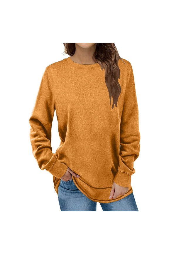 Long Sleeve Crewneck Fleece Sweatshirt for Women Casual Solid Pullover Tops Fall Winter Tunic Tops Orange XXL