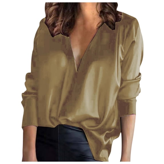 RQYYD Long Sleeve Shirts Tunic Blouse Top for Women Deep V Neck Tshirts Solid Color Satin Silk Loose Casual Shirt