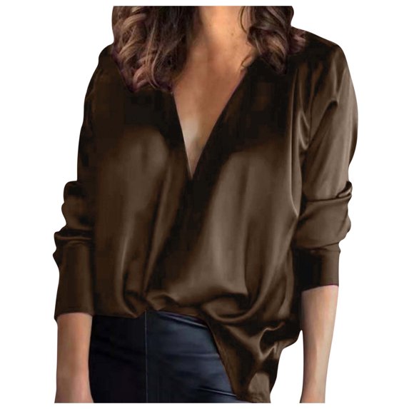 RQYYD Long Sleeve Shirts Tunic Blouse Top for Women Deep V Neck Tshirts Solid Color Satin Silk Loose Casual Shirt