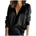 thumbnail image 1 of RQYYD Long Sleeve Shirts Tunic Blouse Top for Women Deep V Neck Tshirts Solid Color Satin Silk Loose Casual Shirt, 1 of 8