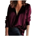 thumbnail image 1 of RQYYD Long Sleeve Shirts Tunic Blouse Top for Women Deep V Neck Tshirts Solid Color Satin Silk Loose Casual Shirt, 1 of 8