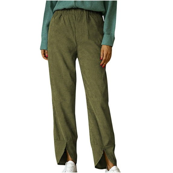 RQYYD Long Straight Leg Trousers for Women Corduroy Slit Hem Fashion Pants Elastic Waist Casual Wide Leg Bottoms Joggers Army Green M