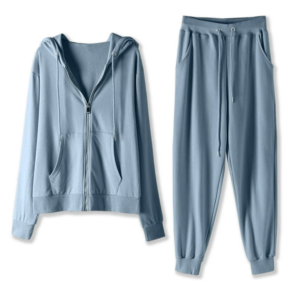 RQYYD Lounge Sets for Women Solid Color Thin Zippered Hoodie Two-piece Loose Sports And Leisure Set Leggings Long Sleeved Hooded Set