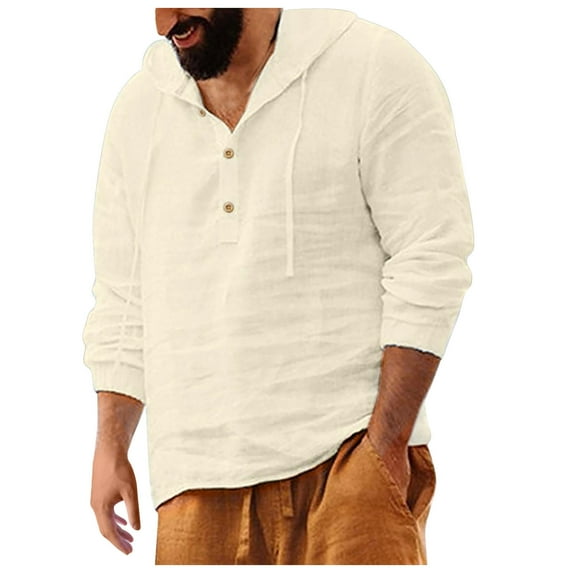RQYYD Men's Cotton Linen Long Sleeve Hoodies Front Button Henley Neck Sweatshirts Regular Fit Casual Solid Hooded Pullover