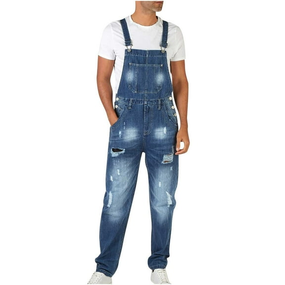 RQYYD Men's Denim Bib Overalls Blue Loose fit Overalls Holes Ripped Jumpsuits Ripped Hole Slim Jumpsuit with Pockets Dark Blue XXL