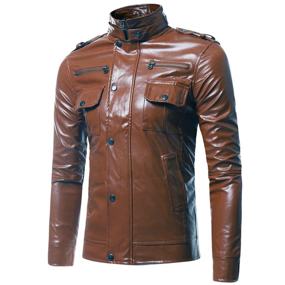 RQYYD Mens Leather Jacket Button Zip Motorcycle Jackets Long Sleeve Biker Jacket Vintage Stand Collar Lightweight PU Coats