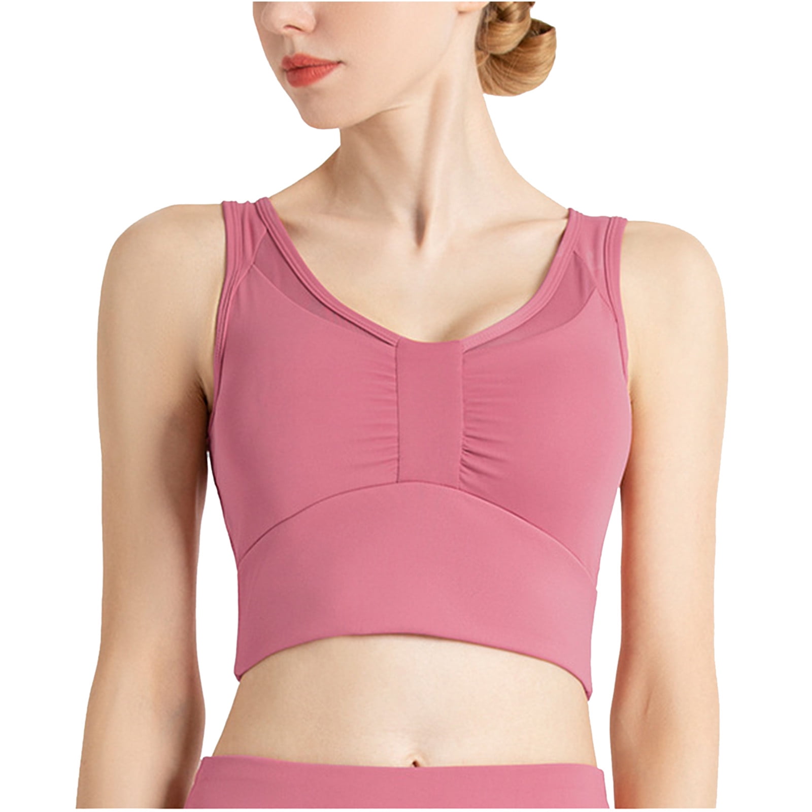 RQYYD Mesh Sports Bra for Women Longline Padded Bra Yoga Crop Tank Tops  Fitness Workout Running Top Pink XL 