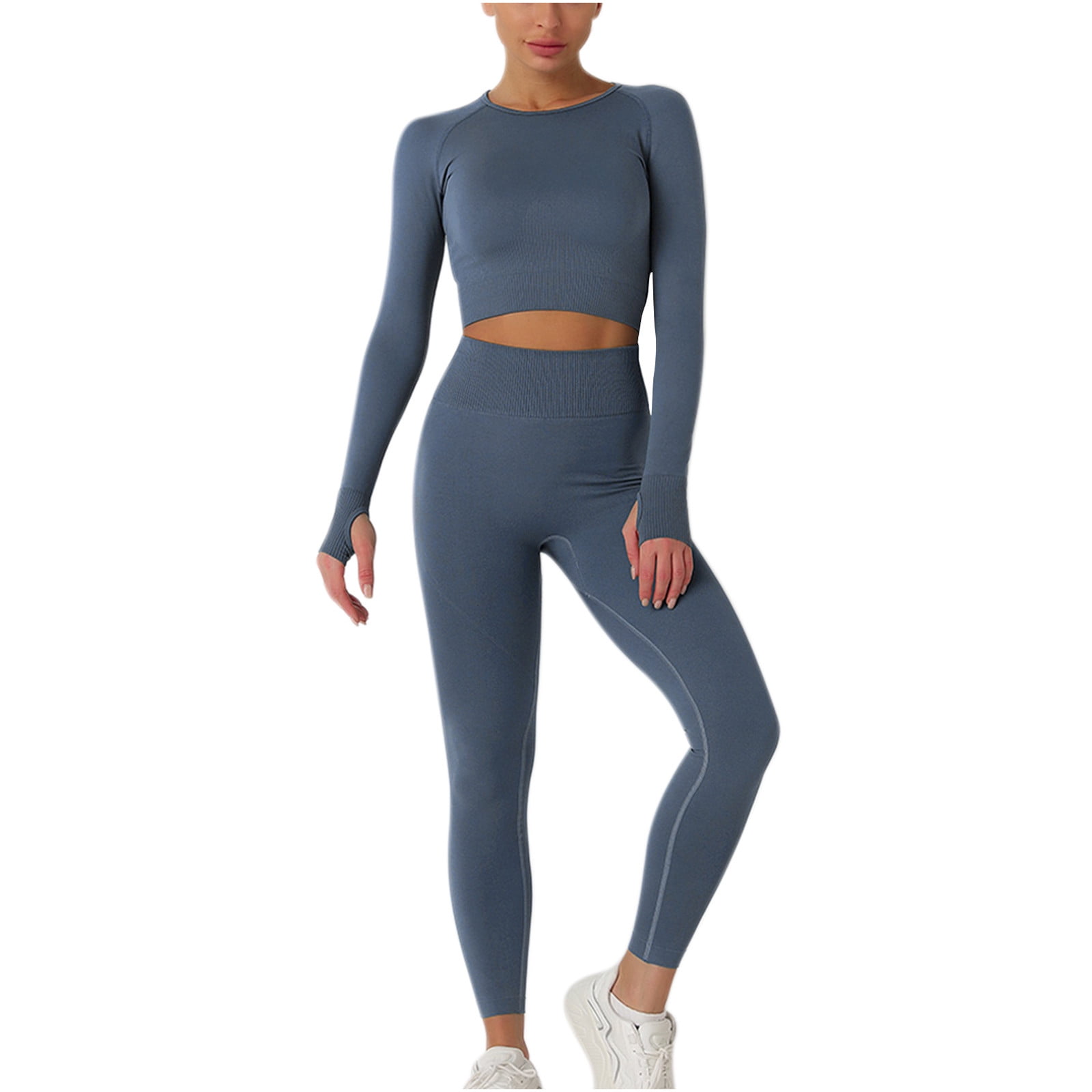 RQYYD On Clearance Workout Sets for Women High Waist Seamless Cute Yoga  Leggings Workout Sets Long Sleeve Crewneck Knit 2 Piece Gym Clothes Dark  Gray