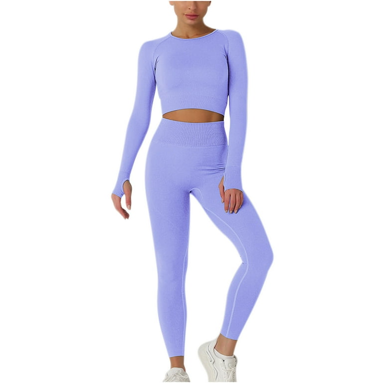 RQYYD On Clearance Workout Sets for Women High Waist Seamless Cute Yoga  Leggings Workout Sets Long Sleeve Crewneck Knit 2 Piece Gym Clothes Light  Blue