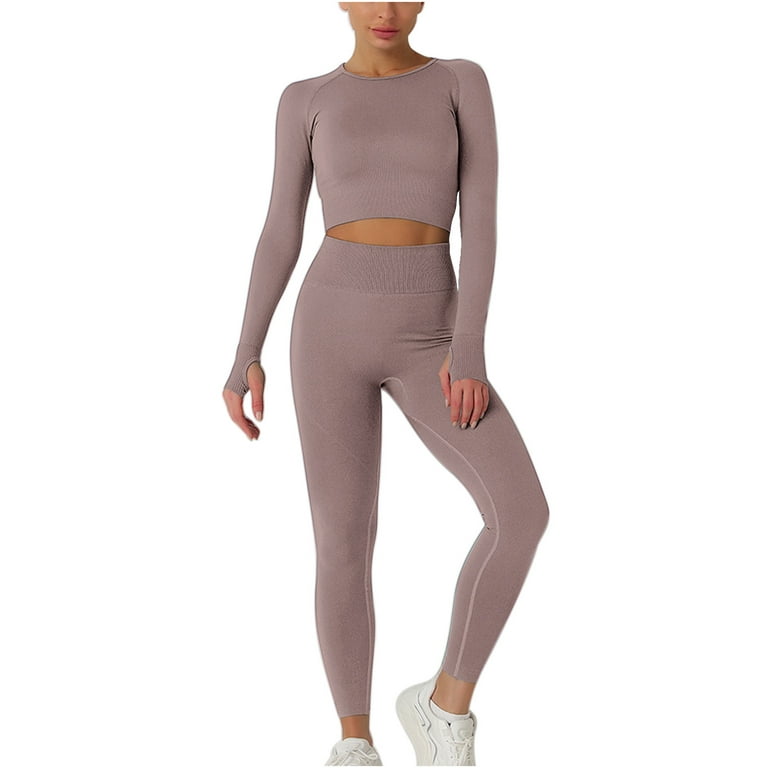 RQYYD On Clearance Workout Sets for Women High Waist Seamless Cute Yoga  Leggings Workout Sets Long Sleeve Crewneck Knit 2 Piece Gym Clothes Coffee  S 