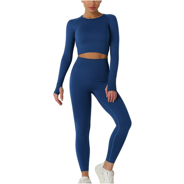 RQYYD On Clearance Workout Sets for Women High Waist Seamless Cute Yoga  Leggings Workout Sets Long Sleeve Crewneck Knit 2 Piece Gym Clothes Navy L
