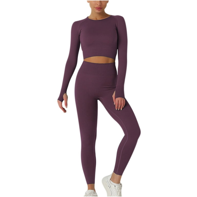 RQYYD On Clearance Workout Sets for Women High Waist Seamless Cute Yoga  Leggings Workout Sets Long Sleeve Crewneck Knit 2 Piece Gym Clothes Pink S