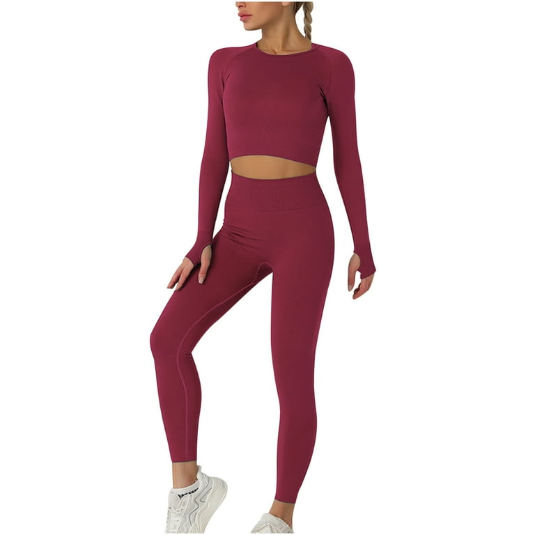 RQYYD On Clearance Workout Sets for Women High Waist Seamless Cute Yoga  Leggings Workout Sets Long Sleeve Crewneck Knit 2 Piece Gym Clothes Wine S  