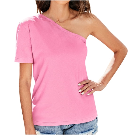 RQYYD One Shoulder Tops for Women's Summer Short Sleeve Tee Shirts Casual Solid Color Pullover Tee Blouse(Hot Pink,S)