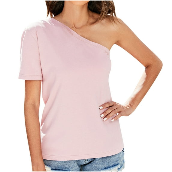 RQYYD One Shoulder Tops for Women's Summer Short Sleeve Tee Shirts Casual Solid Color Pullover Tee Blouse(Pink,L)