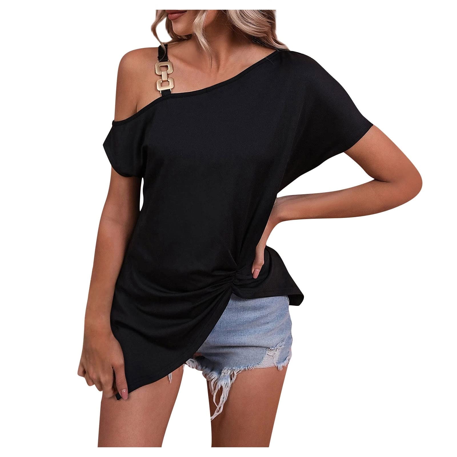 RQYYD One Shoulder Tops for Womens Asymmetrical Metal Strap Batwing Short Sleeve T Shirts Summer Casual Pleated Tunic Blouse Black S Walmart