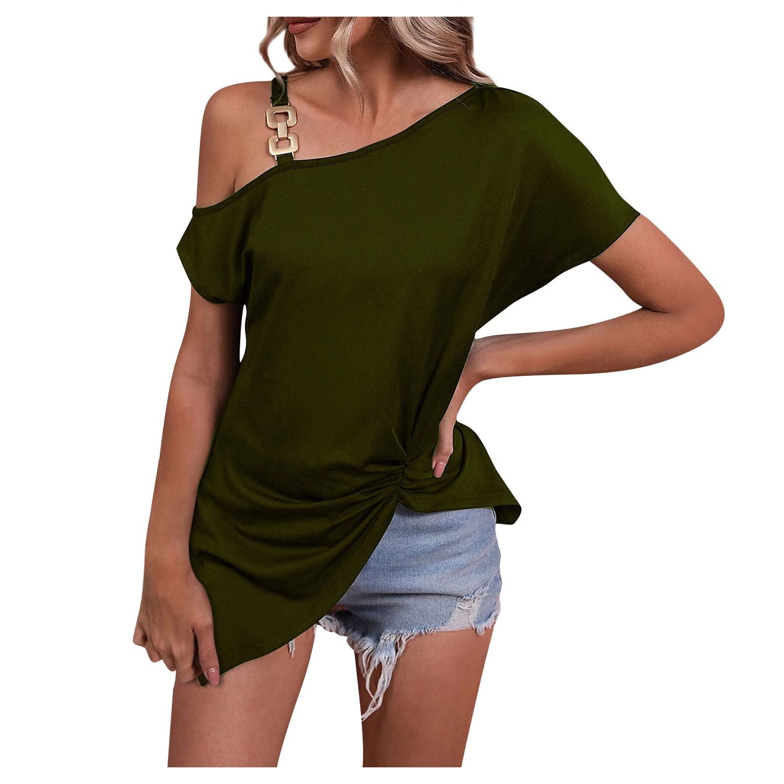 【dium.】DU240712 Design shoulder tops RQYYD One Shoulder Tops for Womens Asymmetrical Metal Strap